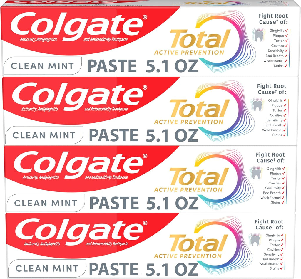 Total Active Prevention Clean Mint Toothpaste, Anticavity Fluoride Toothpaste, Clinically Proven Formula That Fights Plaque Bacteria, Mint, 4 Pack, 5.1 Oz